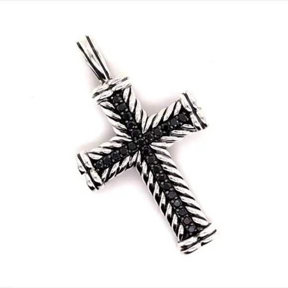 David Yurman Authentic Estate Black Diamond Chevron Silver Cross Pendant DY323 - Picture 6 of 8